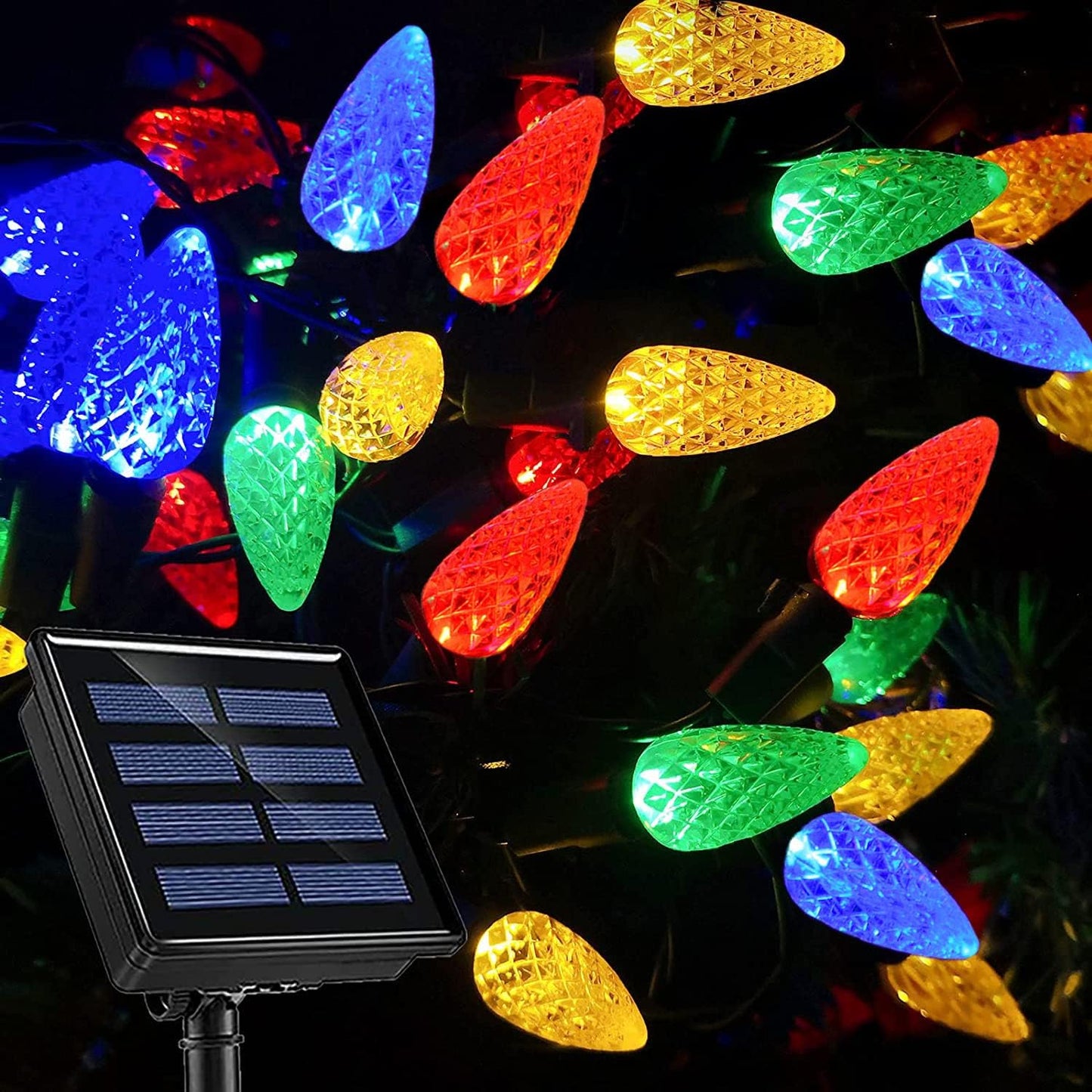 HUGSVIK 39Ft 100 LED Solar Christmas Lights Outdoor, 8 Modes C6 Strawberry Lights, Waterproof Outdoor Christmas String Lights for Xmas Tree, Holiday, Garden, Patio, Arbor Decor