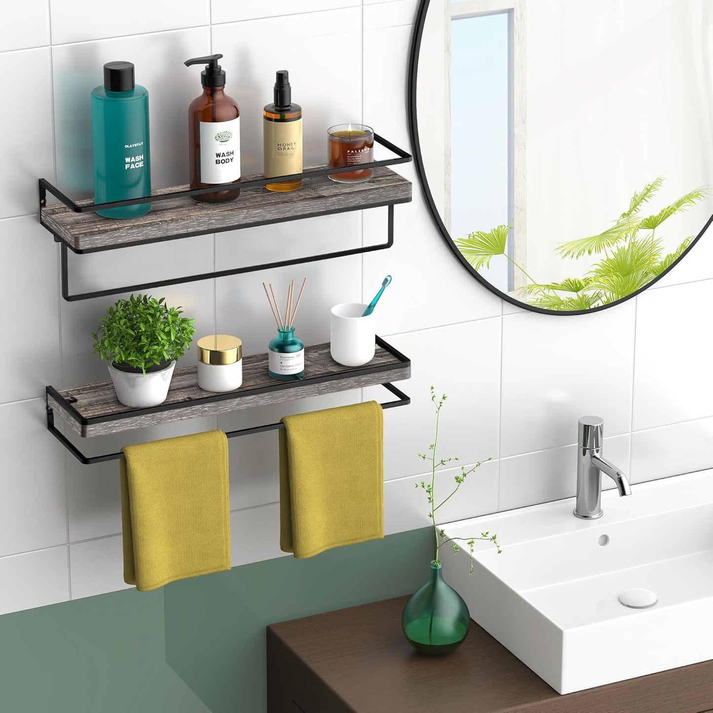 Meangood Floating Shelves Wall Mounted Set of 2, Wall Shelf with Towel Bar Rustic Wood Wall Storage Shelves for Bedroom,Living Room,Bathroom, Kitchen Pine