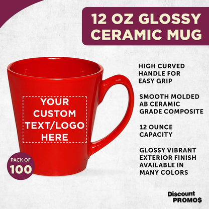 DISCOUNT PROMOS Custom Glossy Ceramic Latte Coffee Mug 12 oz. Set of 100, Personalized Bulk Pack - Perfect for Tea, Espresso, Cappuccino, Hot Cocoa - Red