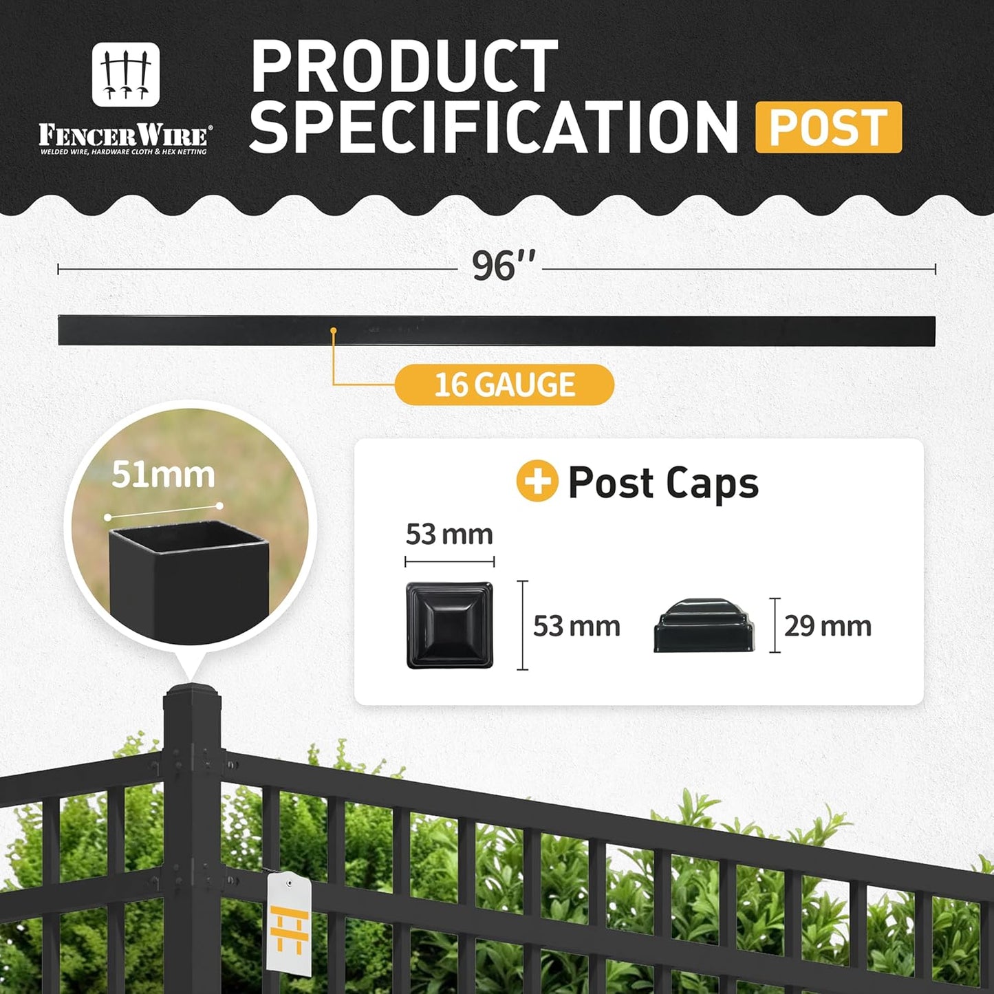 Fencer Wire Pack of 5 Heavy Duty 8FT Outdoor Steel Fencing Border Post, 16 Gauge Anti-rust Metal Fence Post, 2” Diameter Decorative Garden Fence Post, Black, FPSPS16-B8X5 FW