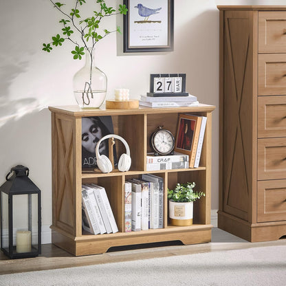 Farmhouse 5 Cube Bookshelf, Storage Organizer Bookcase, Kids Toy Storage Cabinet, Small Bookshelves Storage Organizer Shelf, Wood Display Cabinet Book Shelves for Bedroom,Living Room,Natural Oak
