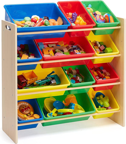 Amazon Basics Kids Toy Storage Organizer With 12 Plastic Bins, Natural Wood With Bright Bins, 10.9" D x 33.6" W x 31.1" H