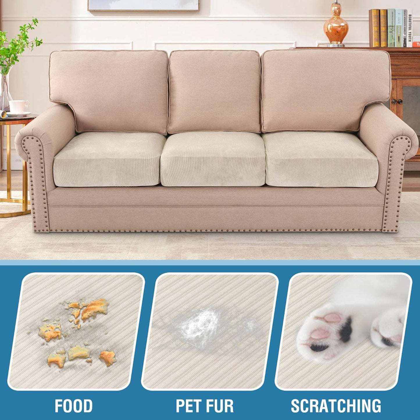 H.VERSAILTEX Velvet Stretch Couch Cushion Cover Plush Cushion Slipcover for Chair Loveseat Sofa Cushion Furniture Protector Seat Cushion Sofa Cover (3 Piece Sofa Cushion Covers, Ivory Striped)