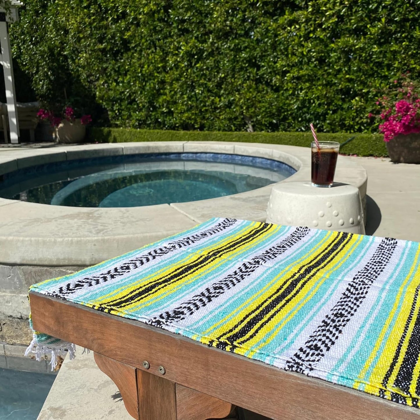 Del Mex Classic Mexican Blanket, Large Authentic Woven Falsa Throw (70"x50"), Artisan Southwest Décor for Beach, Yoga, Outdoors (Mint/Yellow)