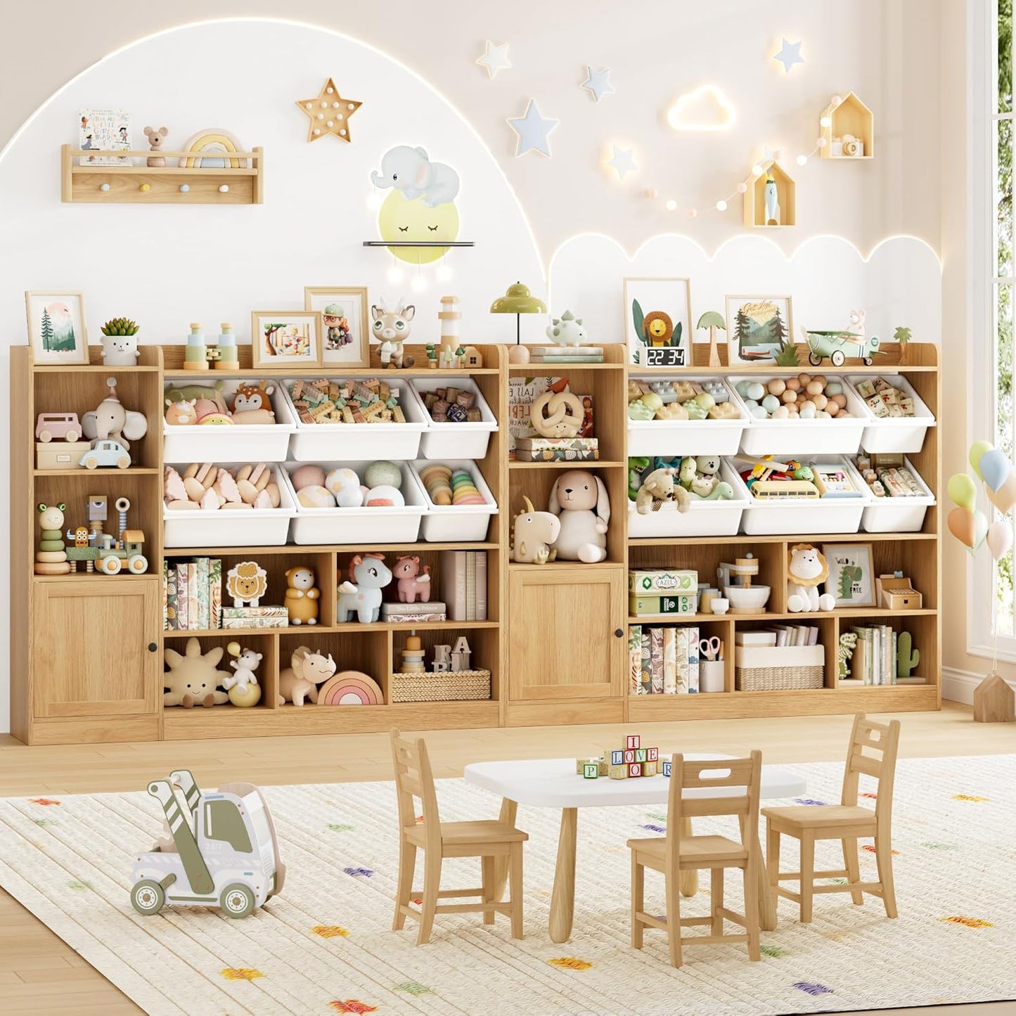 Toy Storage Organizer, 55” Wide Toy Organizers and Storage with 8 Storage Cubbies & 6 Toy Bins, Large Toy Box with Bookshelf, Playroom Storage for Playroom, Oak