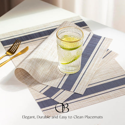 Placemats Set of 12 - Easy Clean Woven Vinyl Placemats for Dining Table, Indoor/Outdoor Place Mats, Washable PVC Table Mats（Blue Skyline）