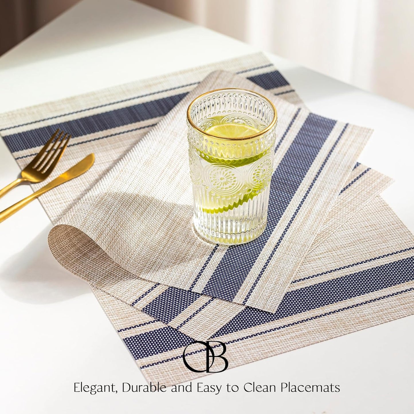 Placemats Set of 6 - Easy Clean Woven Vinyl Placemats for Dining Table, Indoor/Outdoor Place Mats, Washable PVC Table Mats（Blue Skyline）