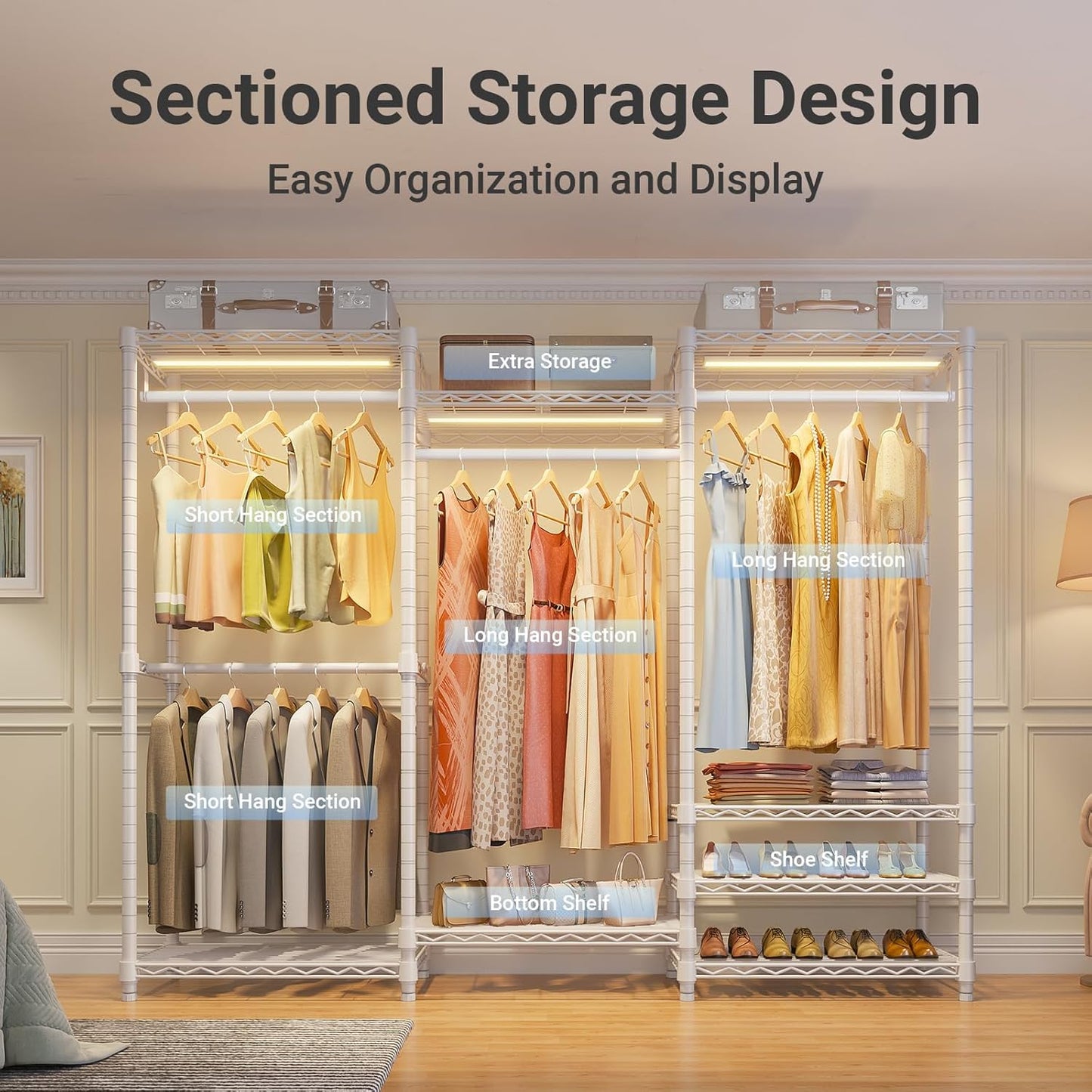 VIPEK V5L Garment Rack Heavy Duty Clothes Rack with Dimmable LED Lights, 3000K Warm White, Portable Closet Wardrobe Freestanding Metal Clothing Rack for Hanging Clothes, Max Load 890lbs, White