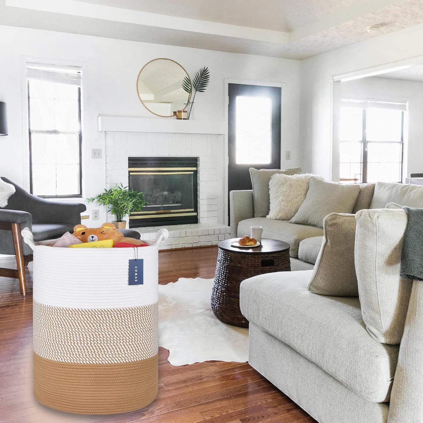 COMSE Extra Large Blanket Basket, Tall Woven Storage Basket, Nursery Hamper, 15.7”x 21.7”, Cotton Rope Laundry Hamper for Toys Clothes Towels, White/Camel