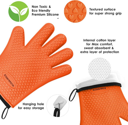 KITCHEN PERFECTION Silicone Smoker Oven Gloves -Extreme Heat Resistant BBQ Gloves -Handle Hot Food Right on Your Smoker Grill Fryer & Pit | Waterproof Oven Mitts |Superior Value Set+3 Bonuses