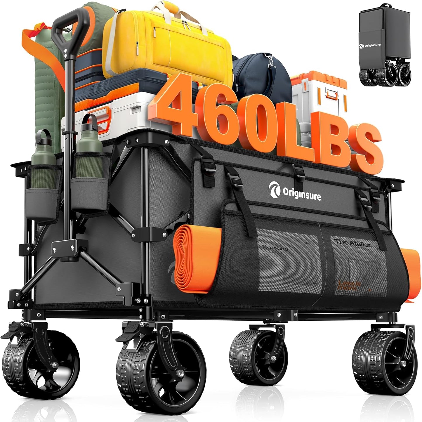 220L Collapsible Wagon Cart Foldable, 460lbs Load Capacity Heavy Duty Folding Beach Wagons with Big All-Terrain Wheels, Utility Carts for Groceries, Shopping, Camping, Sports - Grey