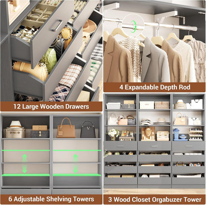 Aheaplus Closet System Set of 3, 138.5" Wood Closet Organizer System Tower with 12 Drawers & 4 Hanging Rods, 6.7+4.85Ft L Shaped Walk-in Closets Wardrobe Organizer Garment Rack with Shelves, Grey