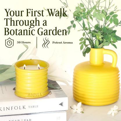 Scented Luxury Candles in Handmade Ceramic Jars, Soy Wax | Flower Bomb – Lily of The Valley & Jasmine, Large Candle | Non Toxic, 2 Wicks, Reusable Yellow Jar | Natural Spring Aromatherapy for Women