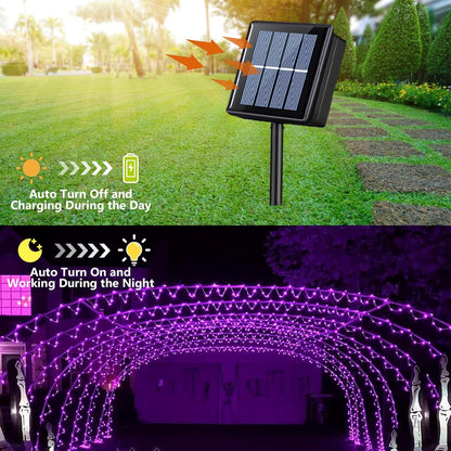 YEGUO 2 Packs Each 33ft 100 LED Solar Rope Lights Outdoor Waterproof, Purple String Lights for Outside, 8 Modes Fairy Lights in Clear Thin Tube for Camping Fence Patio Garden Trampoline Deck