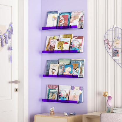 upsimples Acrylic Shelves for Wall Decor, 15" Display Shelf Perfume Organizer for Bathroom, Bedroom, Living Room, Floating Bookshelves for Kids, Clear Purple, 4 Pack