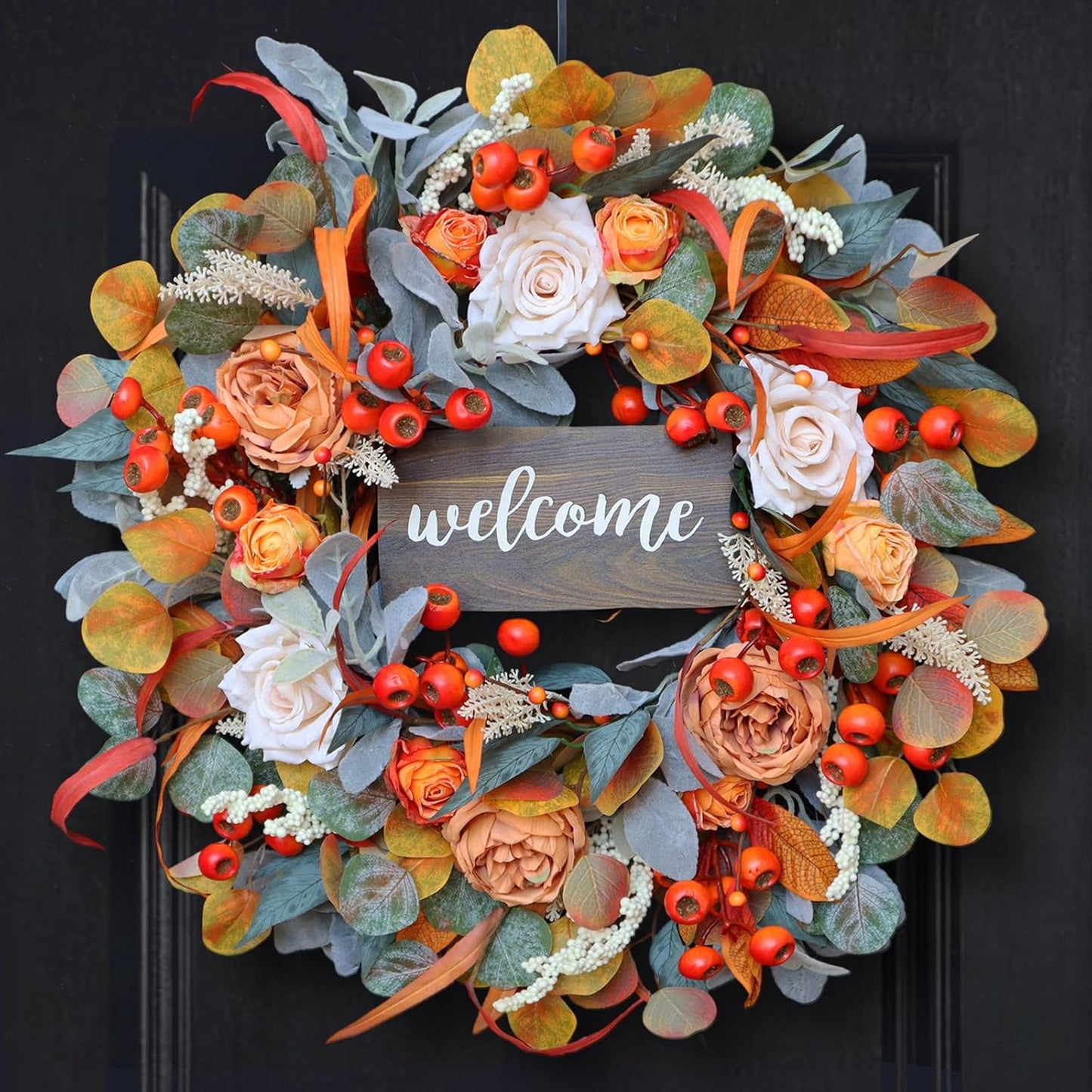 Fall Wreath for Front Door, 24 Inch Autumn Wreath with lamb's Ear Leaves, Roses, Berries & Wooden Sign,Fall Decorations for Home, Artificial Flowers Harvest and Thanksgiving Indoor & Outdoor