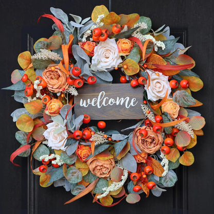 Fall Wreath for Front Door, 24 Inch Autumn Wreath with lamb's Ear Leaves, Roses, Berries & Wooden Sign,Fall Decorations for Home, Artificial Flowers Harvest and Thanksgiving Indoor & Outdoor