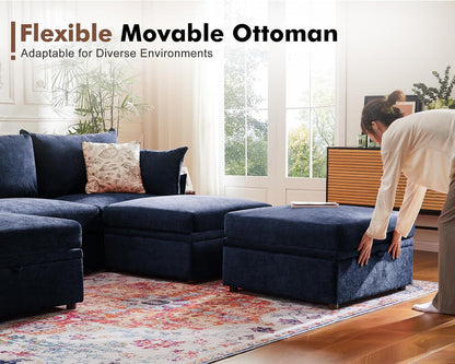 134.6" Oversized Modular Sectional Sofa, 6 Seater U Shaped Couch with Storage Ottoman with Reversible Chaise Deep Seat for Living Room, Apartment - Chenille Blue