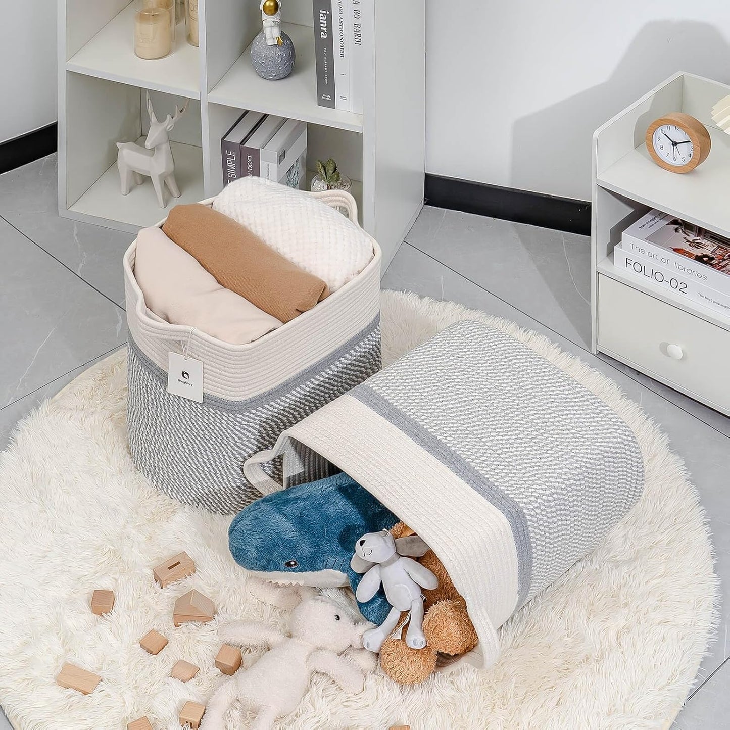 Storage Baskets for Clothes Fabric Cotton Rope Storage Basket with Handles, Decorative Woven Basket for Living Room,Closet Organizer Blankets, and 2bags (White/Gray, L16×W11.4×H15.9)