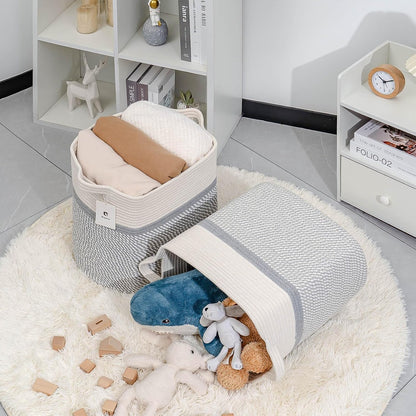 Storage Baskets for Clothes Fabric Cotton Rope Storage Basket with Handles, Decorative Woven Basket for Living Room,Closet Organizer Blankets, and 2bags (White/Gray, L16×W11.4×H15.9)