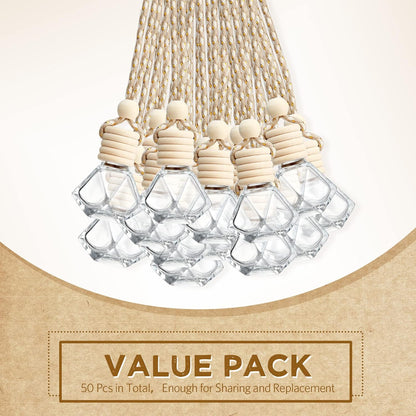 BBTO 50 Pcs Hanging Car Air Freshener Car Diffuser Bottles Empty Glass Perfume Bottle Freshener Diffuser Bottle Pendant for Essential Oil Fragrance Aromatherapy Bottle Ornament(Rhombus)