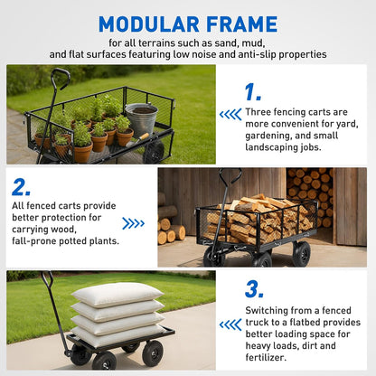 Yesker Steel Garden Carts - 1100lbs Dump Wagon with All Terrain Inflatable Wheels for Yard Lawn Farms Gardening - Heavy Duty Utility Outdoor Hauling Wheelbarrow