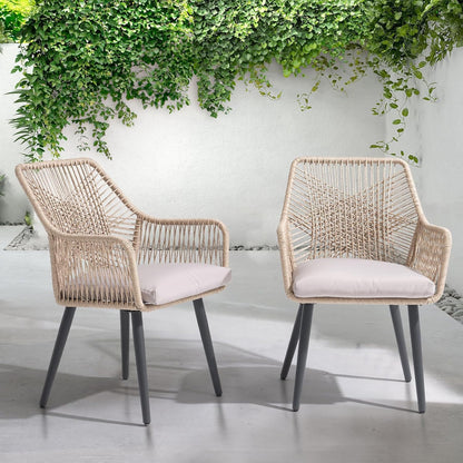 Patiorama Patio Dining Chair Set of 6, Woven Rope Outdoor Dining Chair w/Steel Frame, All-Weather Twisted Rattan Chairs w/Armrest & Cushion, Outdoor Dining Wicker Chairs for Backyard Garden(Beige)