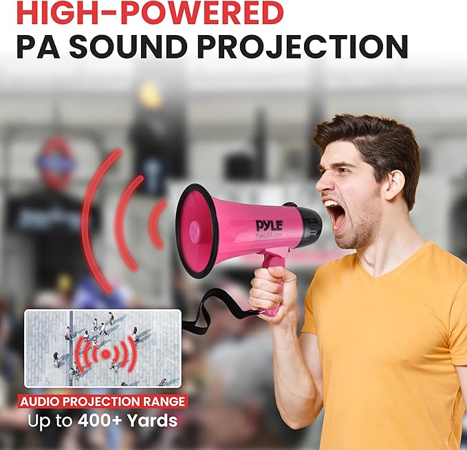 PYLE-PRO Portable Megaphone Speaker Siren Bullhorn - Compact and Battery Operated with 20 Watt Power, Microphone, 2 Modes, PA Sound and Foldable Handle for Cheerleading and Police Use PMP24PK (Pink)
