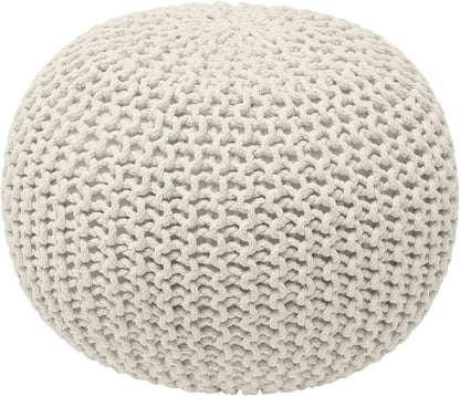 Ornavo Home Pouf Ottoman Foot Rest - 100% Cotton Pouffe - Hand Knitted Cable Braid Cord - Boho Round Stuffed Ottoman for Living Room, Bedroom - Natural