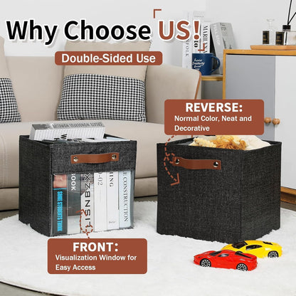 HNZIGE Fabric Cube Storage Bins 11 x 11, Collapsible Storage Cubes Bins for Storage Shelves,Foldable Cube Storage Bins for Storage, Cubby Closet Clear Bins for Storage Blanket(Prints Black 6PCS)