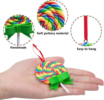 codree 8 PCS Christmas Lollipop Ornaments- Rainbow Lollipop Hanging Ornaments- Christmas Candies Polymer Clay Ornament for Xmas Tree Party Decoration