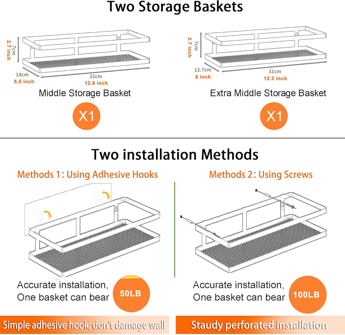 PUSDON Hanging Storage Baskets Organizer Wall Mount, Metal Wire Storage Bin Rack for Kitchen Bathroom Shower Spice Shelf Home Decor Essentials White-2 Packs (Guardrail)