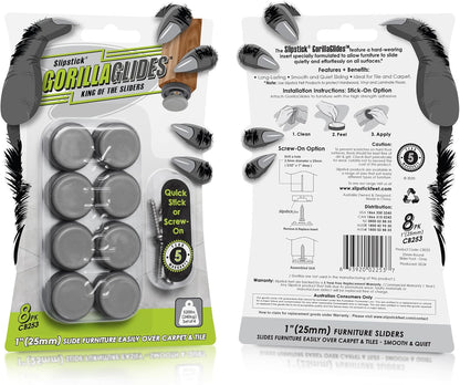 GorillaGlides CB253 1 Inch Chair Sliders/Furniture Glide Floor Protectors (Set of 8 Glides) Self-Adhesive Screw-On Glides, for Sliding on Hard Surface Floors and Low-Pile Carpet, Round