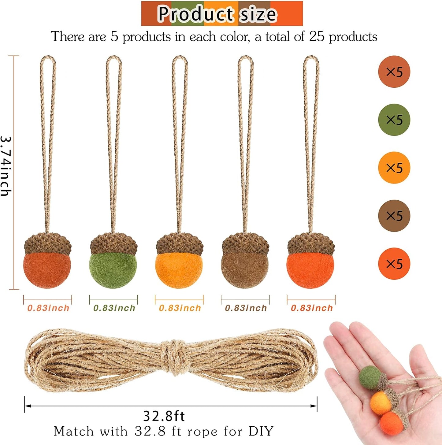 Tatuo 25 Pcs Fall Felt Acorn Ornament Hanging Wool Felted Acorn Garland for Fall Tree Ornament Thanksgiving Felt Ball Pom Decor with Rope for Thanksgiving Christmas Tree Mantel Wall Home