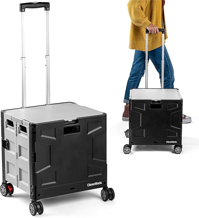 CleverMade Collapsible Wheeled Crate with Lid, 4-Wheels - Swivel and Glide Rolling Crate with Handle and Double Wheels for Easy Transport and Versatile Use - 55L and 100lb Capacity, Cool Gray