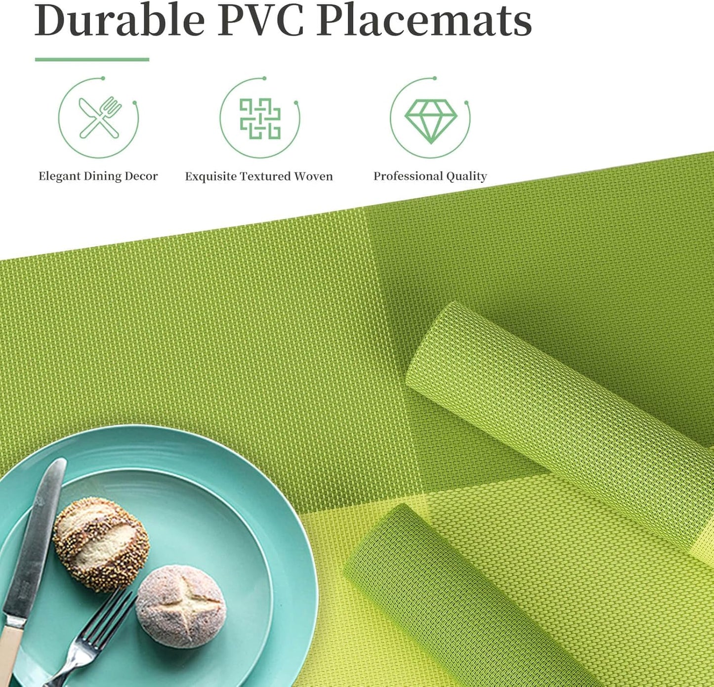 Vinyl Plastic Placemats Set of 6 Washable Heat Resistant Non-Slip Elegant Indoor Outdoor Kitchen Dining PVC Woven Table Place Mats (Matcha Green Lattice Block)