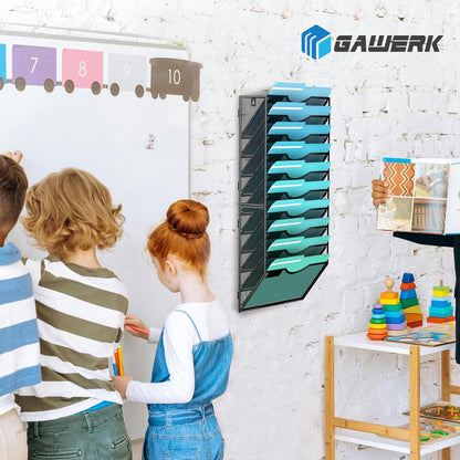 10-Tier Wall File Organizer Hanging Wall File Holder Wall Mount Paper Folder Organize, Mesh Magazine Document Mail Organizer Wall Organizer for Office School Home, Black