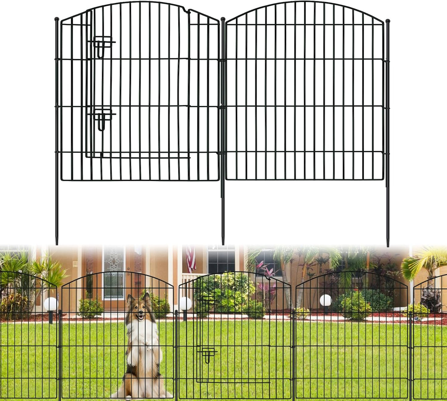 No Dig Decorative Garden Fence with Gate 32in (H) x 24ft (L), 9 Panels + 1 Gate +11 Stakes, Temporary Dog Fencing Outdoor, Rustproof Metal Arched Animal Barrier for Yard, Patio, Flower Bed, Landscape