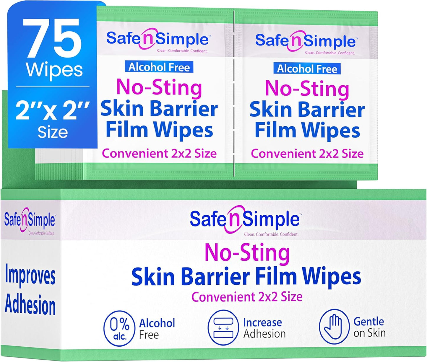 Safe n' Simple No Sting Skin Prep Wipes - 75 Individual 2" x 2" Ostomy Barrier Film Wipes - Skin Prep Protective Wipes - Bandage Medical for Skin