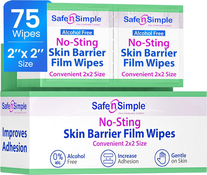 Safe n' Simple No Sting Skin Prep Wipes - 75 Individual 2" x 2" Ostomy Barrier Film Wipes - Skin Prep Protective Wipes - Bandage Medical for Skin