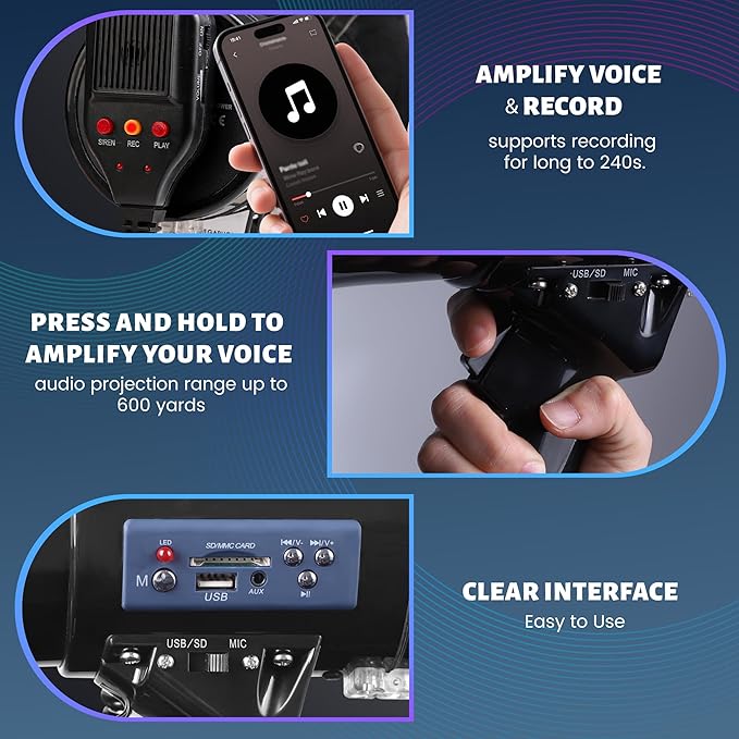 50 Watt Megaphone Bullhorn with Detachable Microphone, 240s Recording and Siren - Perfect for Indoor/Outdoor Sporting Events and Crowd Control