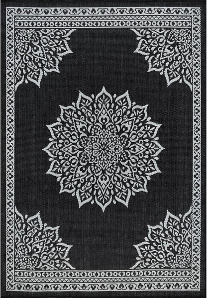 CAMILSON Outdoor Rug, 6x9 Medallion Black White Modern Area Rugs for Indoor and Outdoor Patios, Kitchen and Hallway Mats, Washable Porch Deck Outside Carpet (Medallion Black, 6 x 9)
