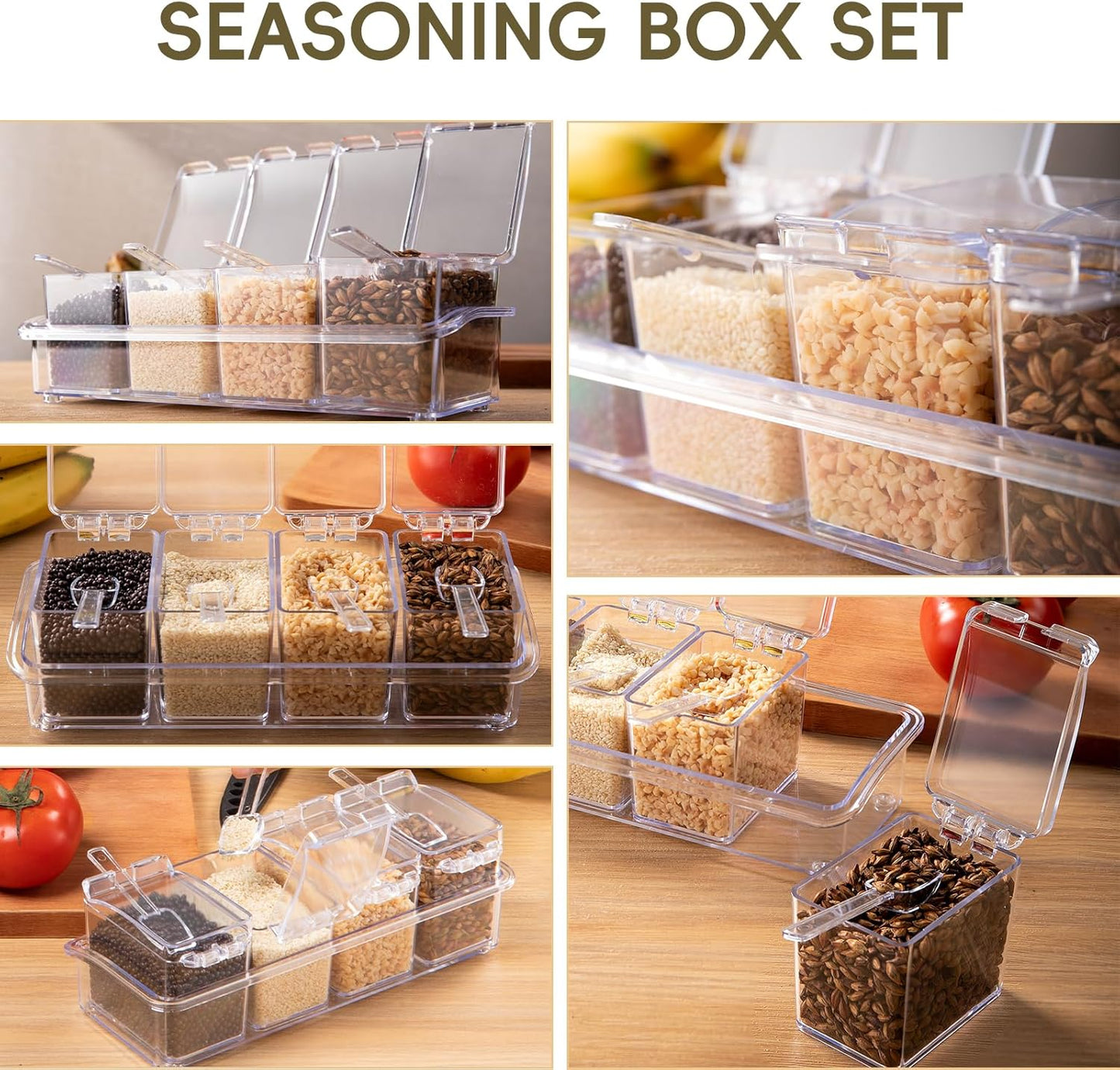 Clear Seasoning Box, 4 Pieces Seasoning Rack Spice Pots, Storage Container Condiment Jars Acrylic Seasoning Box with Covers and Spoons for Spice, Sugar, Salt, Sugar, Cardamon, Cinnamon