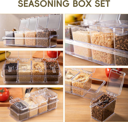Clear Seasoning Box, 4 Pieces Seasoning Rack Spice Pots, Storage Container Condiment Jars Acrylic Seasoning Box with Covers and Spoons for Spice, Sugar, Salt, Sugar, Cardamon, Cinnamon