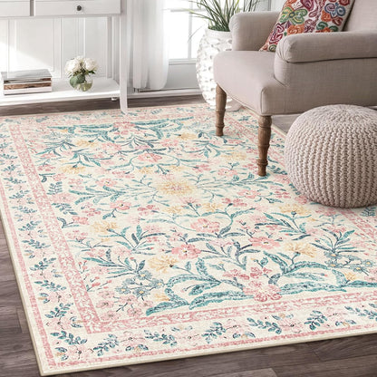 Wonnitar Machine Washable 5x7 Nursery Rug, Pink Rugs for Bedroom Girls, Boho Soft Floral Carpet Non Slip, Indoor Ultra-Thin Floor Carpet for Kid Room Living Room Dorm