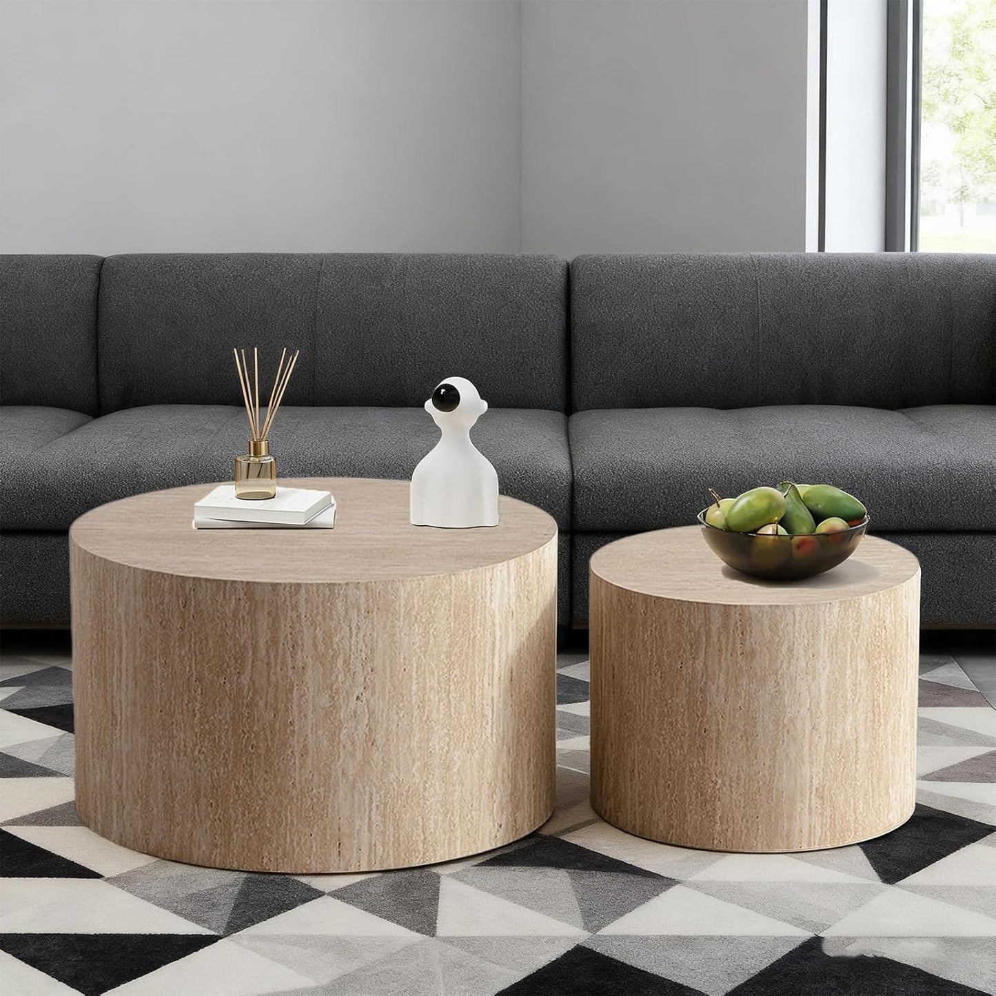 Round Nesting Coffee Table Set of 2 Small Round Coffee Tables for Living Room Modern Fluted Coffee Table Circular End Table Side Table for Small Spaces No Assembly (Travertine, 27 in)