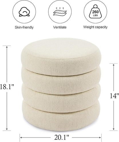 ONEVOG Round Storage Ottoman, 20" Small Ottomans Table with Removable Lid, Linen Fabric Soft Footrest Stools for Couch, Upholstered Stuffed Circle Seat for Living Room/Bedroom/Dorm/Vanity, Beige