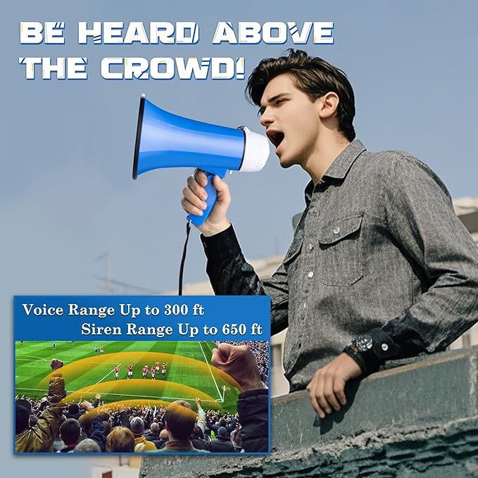 MyMealivos Portable Megaphone Bullhorn 20 Watt Power Megaphone Speaker Voice and Siren/Alarm Modes with Volume Control and Strap (White&Blue)