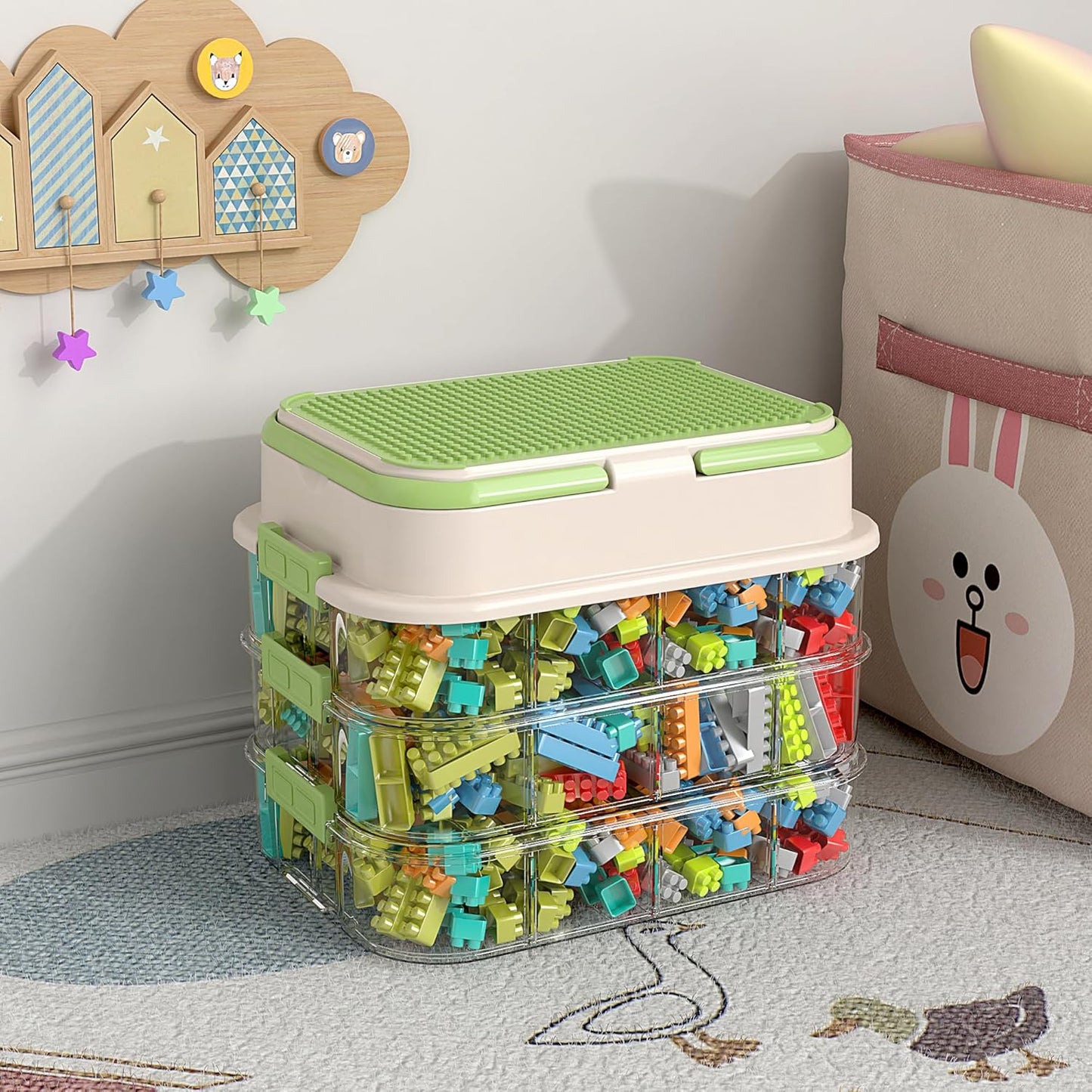 Toy Storage Organizer Box with Handle, Stackable Building Block Toy Box with Building Plate Lid & Removable Sorting Trays, Cubby Bins and Containers 3 Layer (Green)