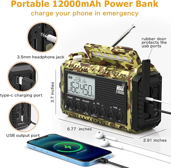 12000mAh/44400mWh Weather Radio, Hand Crank Emergency Radio Portable AM FM Shortwave, Solar Rechargeable Battery Powered Radio with NOAA Alert, USB-C Charger & Adapter, SOS Flashlight for Emergency